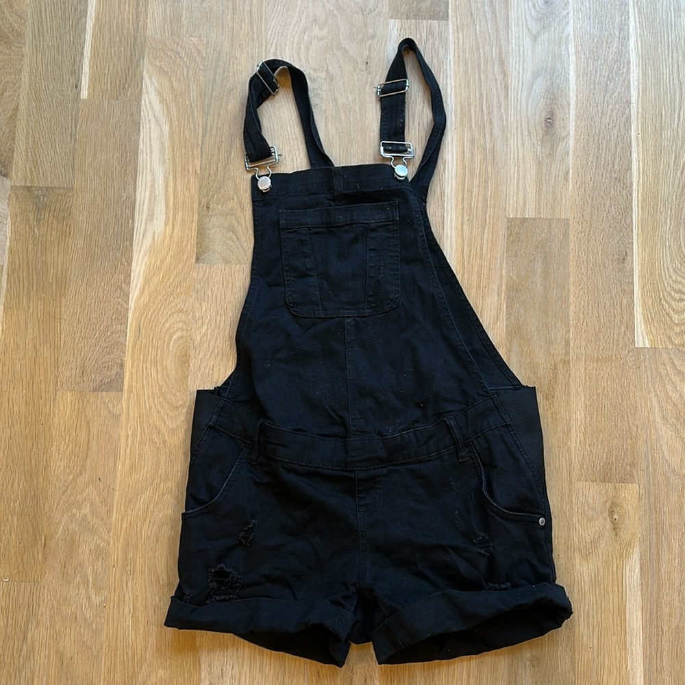 Indigo Blue Black Denim Maternity Short overalls.